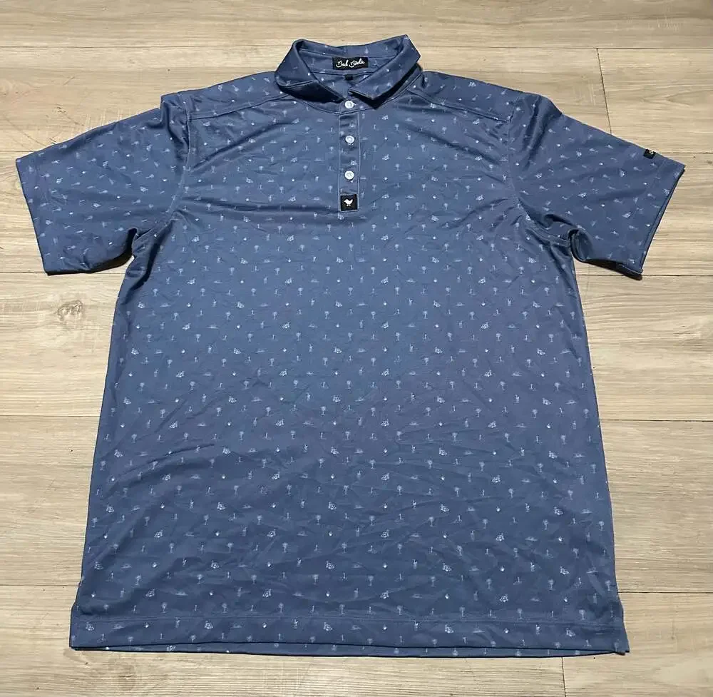 Bad Birdie Blue Golf Polo with Palm Tree and Drink Print
